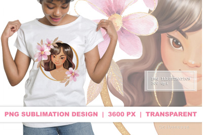 Cute girl with pink flowers | PNG Sublimation design