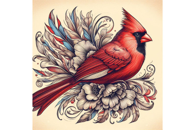 Northern Cardinaldrawing with floral ornament decoration