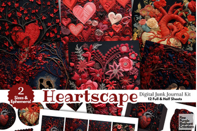 Dark Valentine Heart Embroidery Digital Junk Journal Kit Half Pages