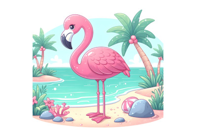 Pink Flamingo with Palm Trees