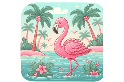 Pink Flamingo with Palm Trees