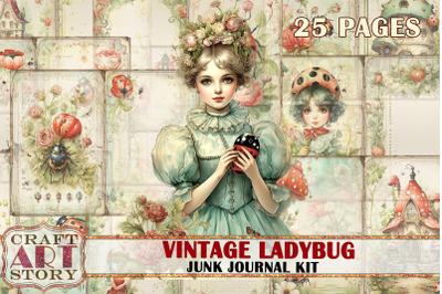 Vintage Ladybug Fantasy Junk Journal Pages, digital papers