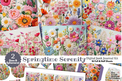 Embroidered Spring Flowers Digital Junk Journal Kit Half Pages | Cute