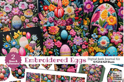 Embroidered Easter Basket Eggs Digital Junk Journal Kit Half Pages