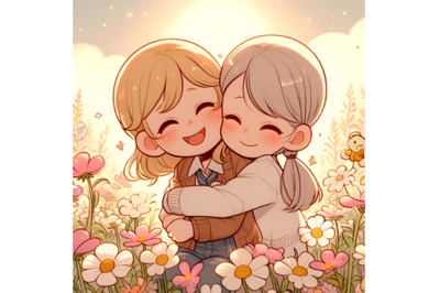 Two Girls Embracing in a Field of Flowers