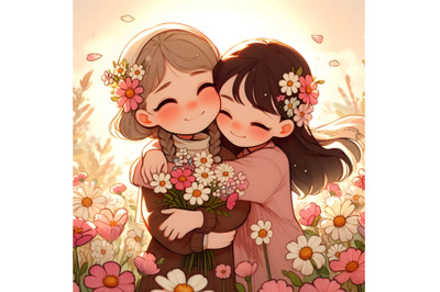 Two Girls Embracing in a Field of Flowers