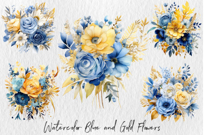 Watercolor blue and gold flowers
