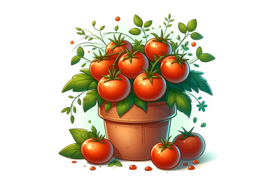 Fresh Tomatoes in a Pot with Greenery