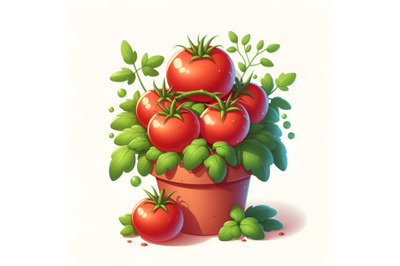 Fresh Tomatoes in a Pot with Greenery