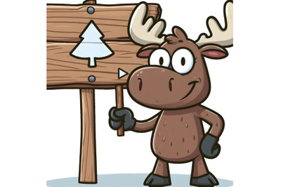 A cartoon moose with a wood sign