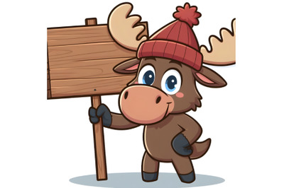 A cartoon moose with a wood sign