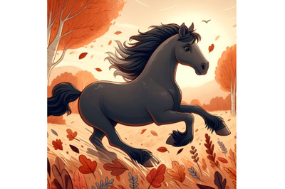 Black Horse Running in a Field