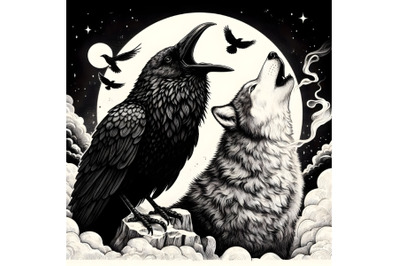 Raven and wolf that howls at the moon