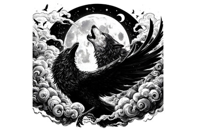 Raven and wolf that howls at the moon