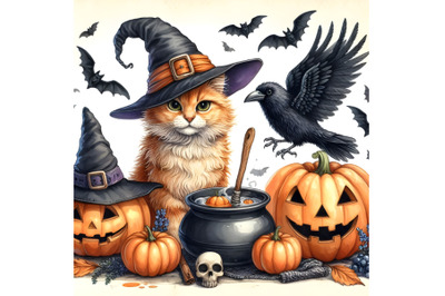 Wizard cat&2C; raven and Halloween pumpkins