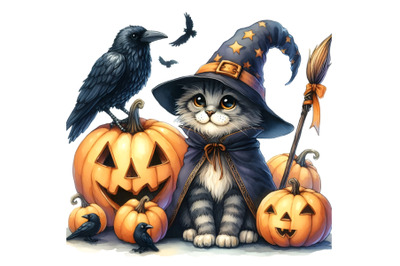 Wizard cat&2C; raven and Halloween pumpkins