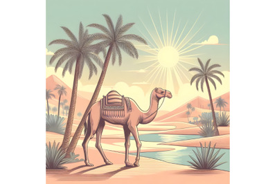 Camel, desert, palm trees, and sunshine