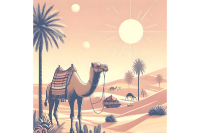 Camel, desert, palm trees, and sunshine