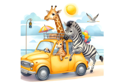 Giraffe and zebra travel in a yellow car