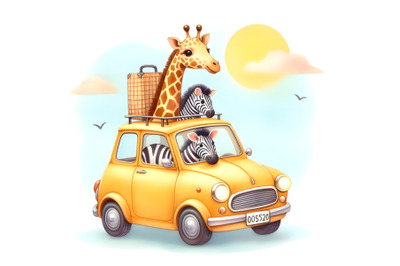 Giraffe and zebra travel in a yellow car