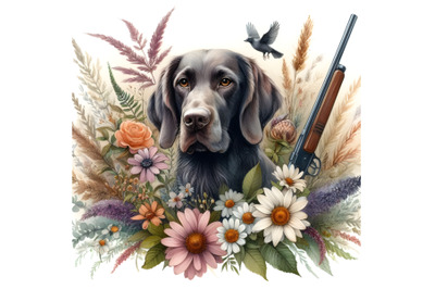 A hunting dog surrounded by flowers