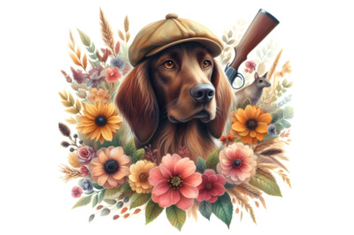 A hunting dog surrounded by flowers