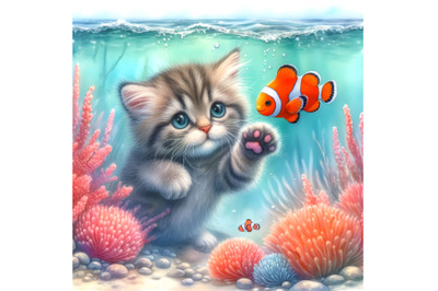 The kitten dived into the sea