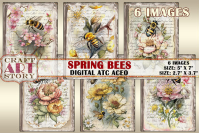 Spring bees card set,Collage insects cards Atc ACEO