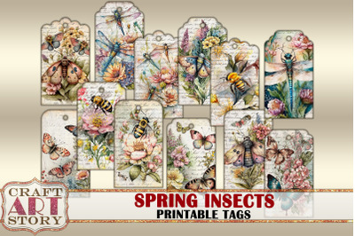 Vintage Spring insects printable tags,Printable Digital