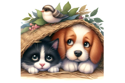 Cute dog and cat hide and seek