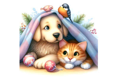 Cute dog and cat hide and seek