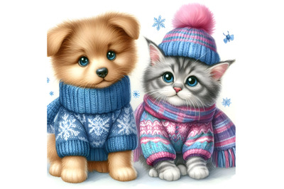 Kitten and puppy in winter clothes