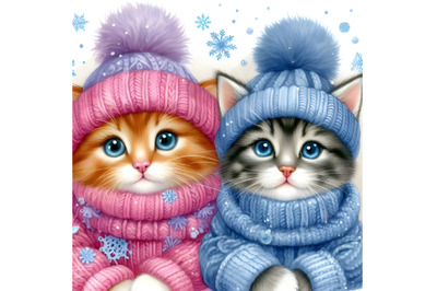 Kitten and puppy in winter clothes