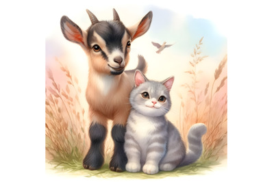 Young goat and his cat friend