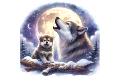 Wolf and puppy howling at the moon