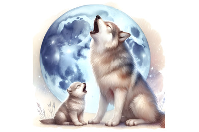 Wolf and puppy howling at the moon