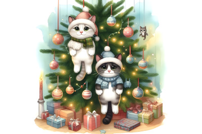 Two bully cats hung on a Christmas tree