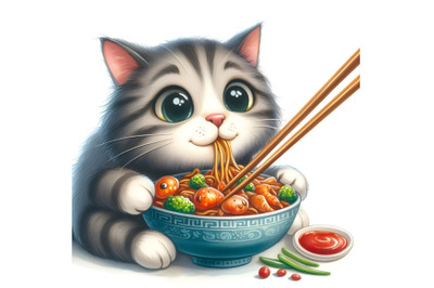 The funny cat who eats Chinese food with chopsticks