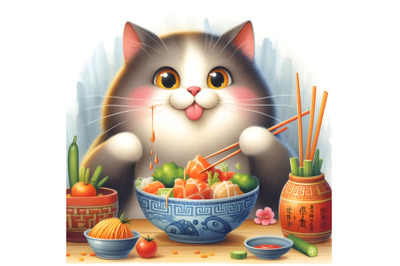 The funny cat who eats Chinese food with chopsticks