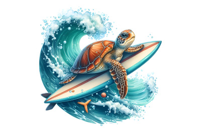 Sea turtle riding a surfboard