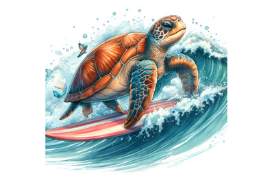 Sea turtle riding a surfboard