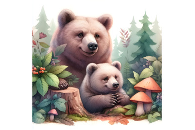 Two bears in the forest among the leaves