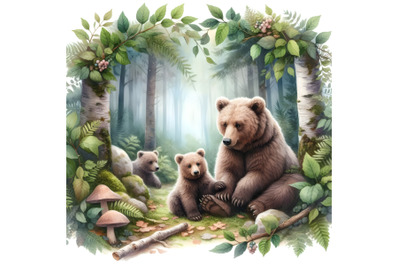 Two bears in the forest among the leaves