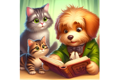 wo shaggy puppies and a cunning cat reading a book