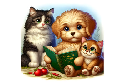 wo shaggy puppies and a cunning cat reading a book