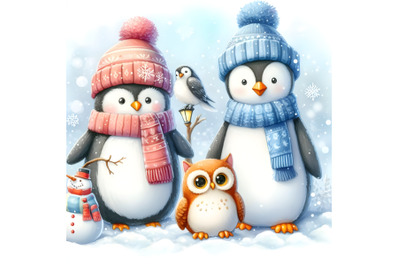 Penguin, cat, owl, and snowman under the snow