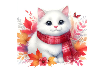 White cat in a red scarf surrounded by autumn leaves