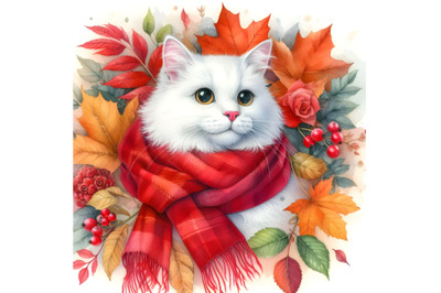 White cat in a red scarf surrounded by autumn leaves