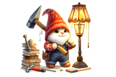 Gnome cat with sledgehammer and lamp goes to work