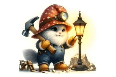 Gnome cat with sledgehammer and lamp goes to work